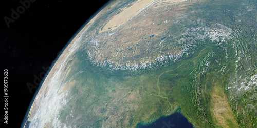 Fotografie Himalayas mountains in earth planet. Aerial view. 3d render.