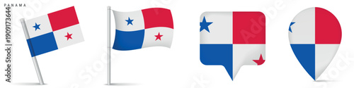 Panama flag set with map pin icons