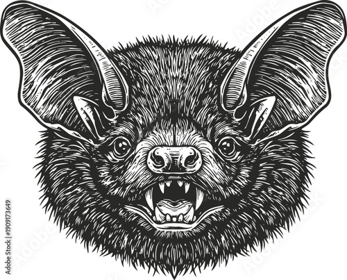 Close up detailed black and white illustration of a bat face snarling with sharp teeth and large ears
