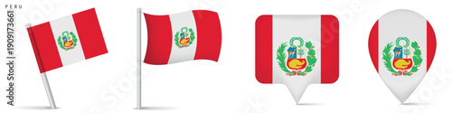 Peru flag set with map pin icons