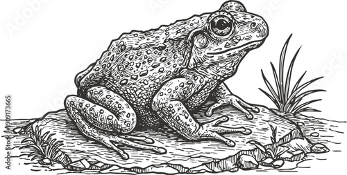 Detailed vintage engraving of a toad sitting on a stone with grass, wildlife nature illustration