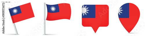 Collection of Taiwan flag icons with waving flag and map pin markers. Neutral isolated design suitable for travel, geography, navigation and location based visual projects.
