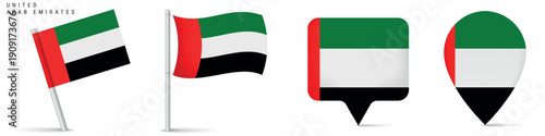 Set of United Arab Emirates national flag icons including waving flag and map pin markers. Isolated design for travel, geography, navigation and Middle East concepts.