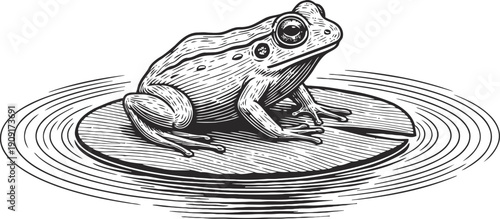 Detailed black and white illustration of a frog sitting on a lily pad in the water with circular ripples