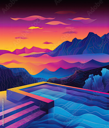 Vibrant mountain landscape with geometric pool