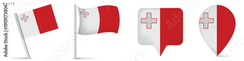 Set of Malta national flag icons including waving flag and location map pins. Clean isolated design for travel, geography, navigation and Mediterranean country themes.