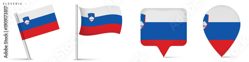 Slovenia national flag icon set featuring waving flag and location map pins. Isolated design suitable for travel, geography, navigation and central Europe concepts.