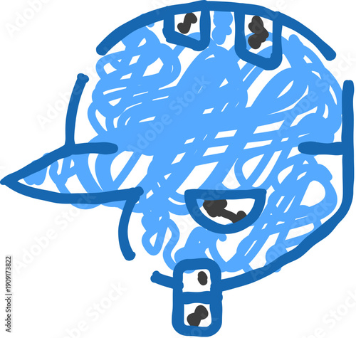 Goofy scribbled head with a playful smile, childlike doodle style in blue on white background, abstract simple line art evoking creativity, imagination and innocence