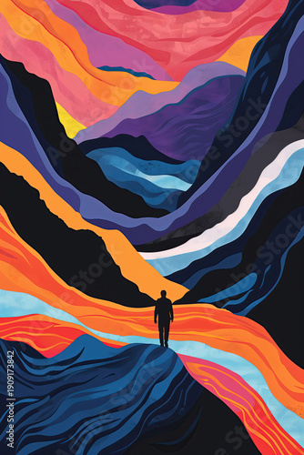 Abstract landscape with vibrant colors and silhouette
