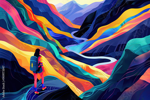 Vibrant landscape painting with a hiker in the foreground