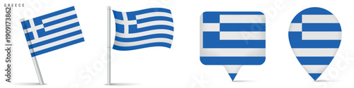 Greece flag set with map pin icons