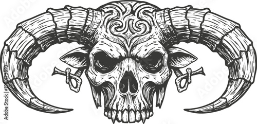 Intricate ram skull with large curved horns and tribal patterns, gothic tattoo design