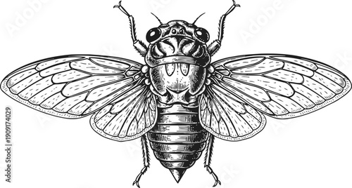 Detailed black and white illustration of a cicada with open wings and segmented body