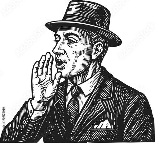 Vintage man in hat and suit whispering or calling out with hand by mouth, retro engraving