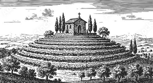 Terraced hill with a chapel on top surrounded by trees and sky in vintage engraving