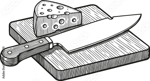 Knife and cheese on wooden cutting board black and white outline drawing