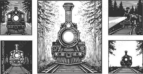 Vintage steam train front view illustrations in black and white woodcut set