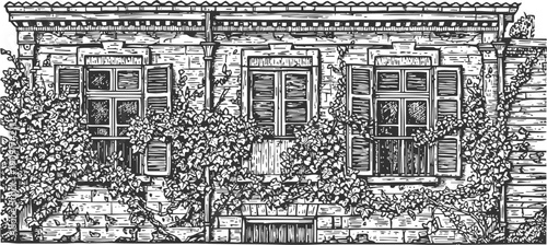 hand drawn old house facade with detailed windows, shutters, and climbing plants in vintage