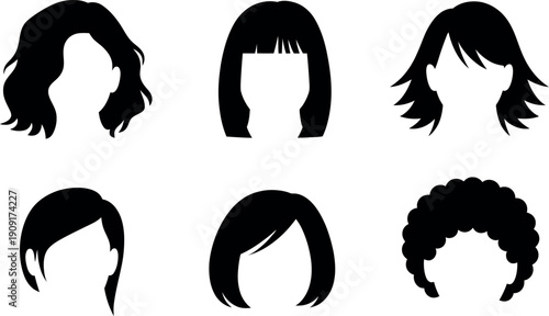 Collection of six diverse silhouette hairstyles for women isolated on transparent background