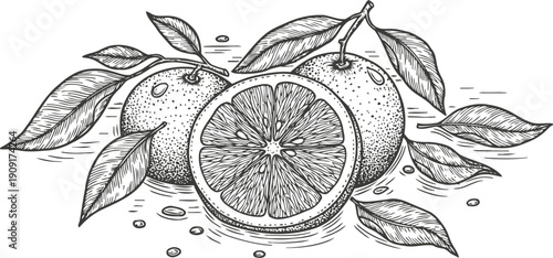 hand drawn oranges and orange slice with leaves vintage citrus fruit illustration, detailed line art