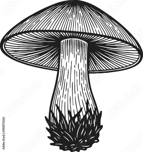 Detailed black and white hand drawn mushroom illustration with intricate gills and textured stem