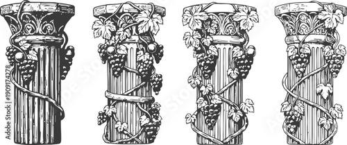 antique corinthian columns entwined with grapevine leaves and clusters, classical architectural elements
