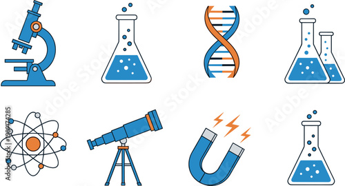 Flat design science icon set featuring microscope laboratory flasks DNA structure atom model telescope and magnet isolated on white background for educational chemistry design projects