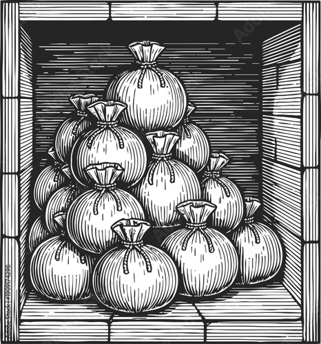 wooden crate filled with tied money bags stacked inside vintage wood box illustration