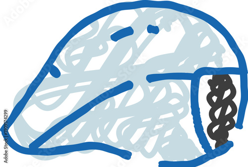 Sketch drawing illustrating a generic protective sports helmet, depicting head safety, injury prevention, and equipment for sport activities in a simple graphical style