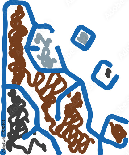 Abstract doodle drawing featuring a complex pattern of thick blue lines enclosing areas filled with brown, gray, and black scribbles, presenting a child like, messy, and creative design