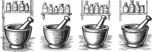 set of vintage hand drawn mortar and pestle illustrations with apothecary bottles on shelves