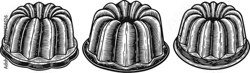 Three vintage bundt cake illustrations hand drawn detailed dessert pastry on plate classic baked sweet food art