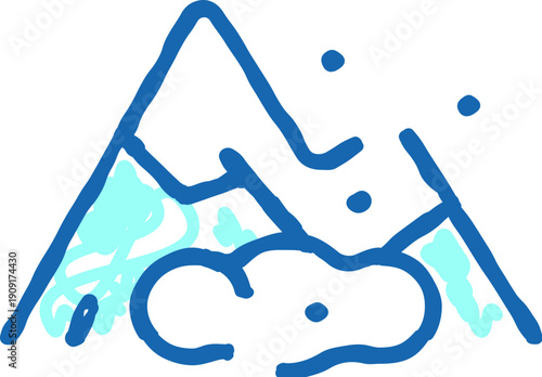 Abstract simple line art icon illustrating a dangerous mountain avalanche, showing snow and debris sliding down a peak, representing natural disaster and risk in winter landscapes