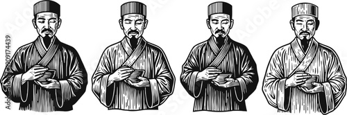 traditional asian man in historical attire holding a cup in various monochrome vintage styles