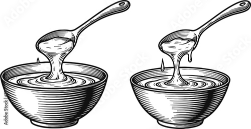 Hand drawn bowls with liquid honey dripping from spoons rustic natural sweet food illustration