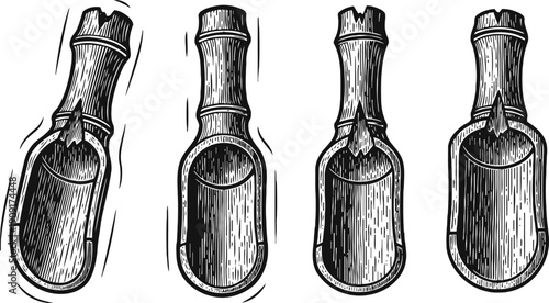 Vintage wooden bamboo ladles set traditional rustic kitchen utensils hand drawn illustrations