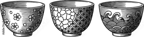 Three decorative ceramic bowls with floral, geometric, and wave patterns in black ink illustration