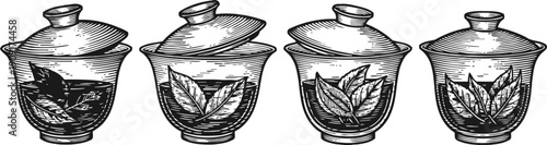 herbal tea jars with assorted tea leaves in glass containers vintage botanical illustration of natural tea ingredients