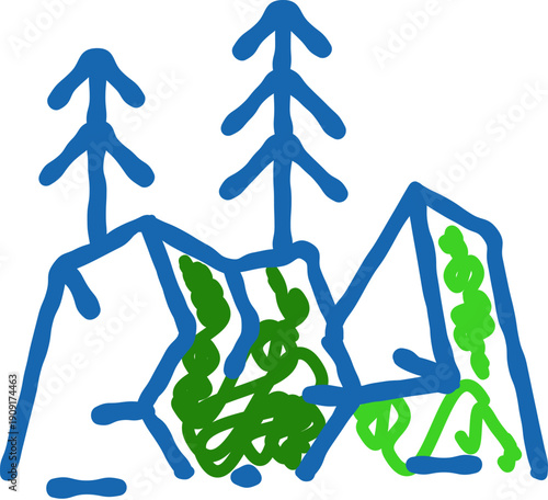 Minimalist doodle illustrating a crude mountain landscape with peak forms and pointy pine trees rendered in a child like blue and green color palette, evoking innocence and imagination