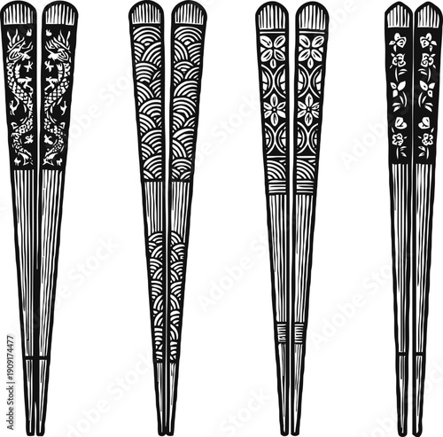 Decorative black chopsticks with traditional asian patterns and floral designs set