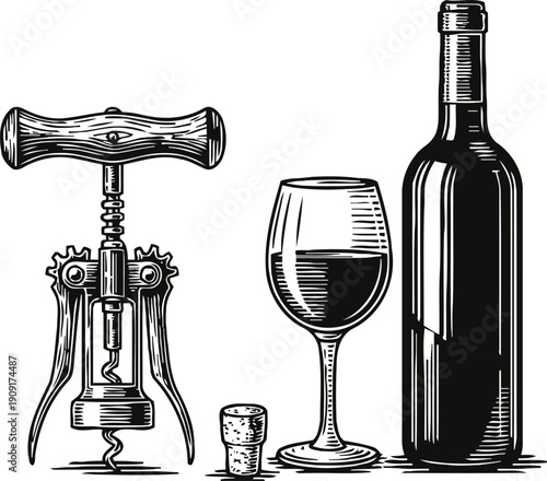 Vintage wine bottle with corkscrew, cork, and glass filled with red wine illustration