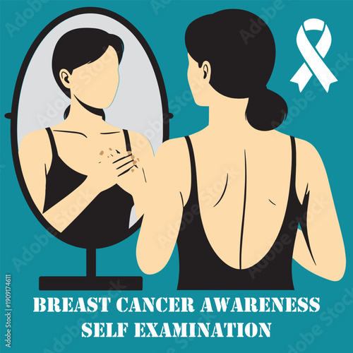 Woman checking her breast to prevent and support the cause of breast cancer. Breast self exam concept vector illustration
