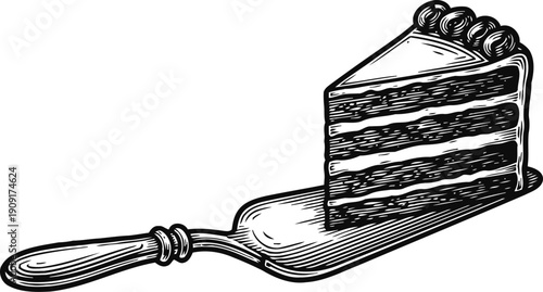 Slice of layered chocolate cake with frosting on a spatula vintage hand drawn illustration