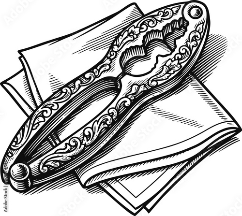 Vintage ornate nutcracker with intricate carving lying on folded napkins, detailed black and white illustration