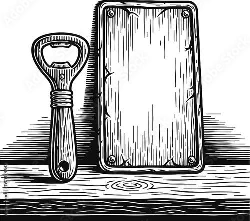 Vintage wooden cutting board and bottle opener on rustic wood surface illustration