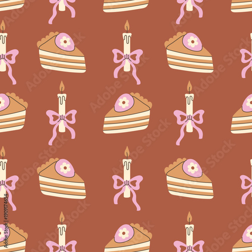 Easter Food Cake Candle Seamless Pattern. Sweet delicious holiday dessert slice bow ribbon candlelight and eggs. Traditional religious celebration symbols and brown colors. Vector illustration