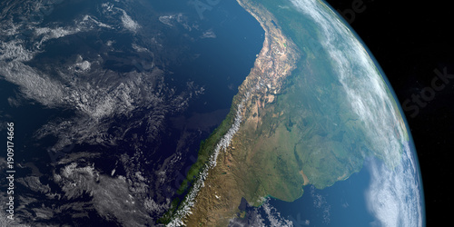 Andes Mountains or Andean Mountain Range, America. Aerial view from space