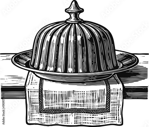 Vintage food cover dome on plate with cloth napkin on table, classic kitchenware illustration
