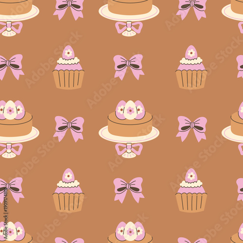 Easter Cake Egg Bow Seamless Pattern. Modern Spring Holiday Background with traditional sweet food ribbons warm pastel brown colors, Drawn Vector illustration