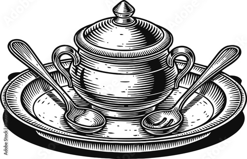 Vintage soup tureen with lid and two spoons on a round serving tray engraving illustration